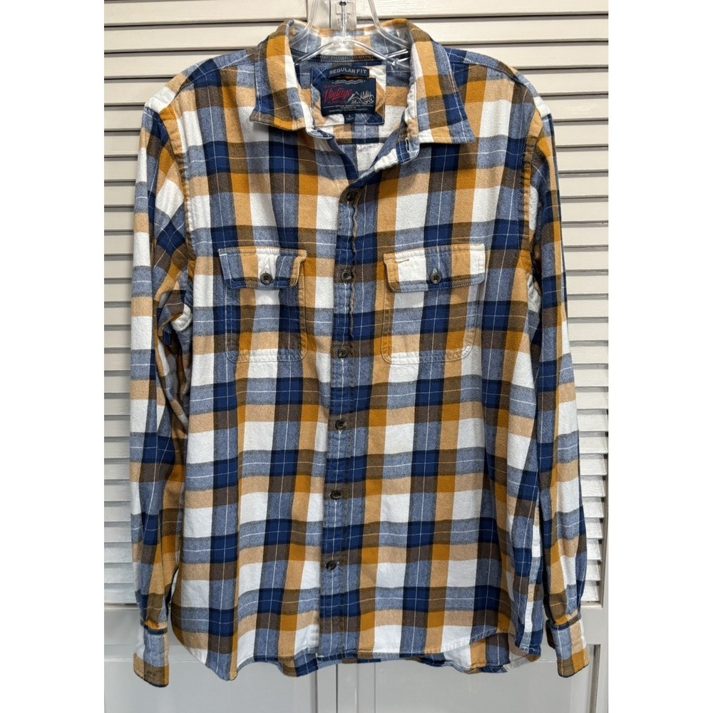 Old Navy Vintage Flannels Blue/Yellow Plaid Shirt Button Up Long Sleeve Size L